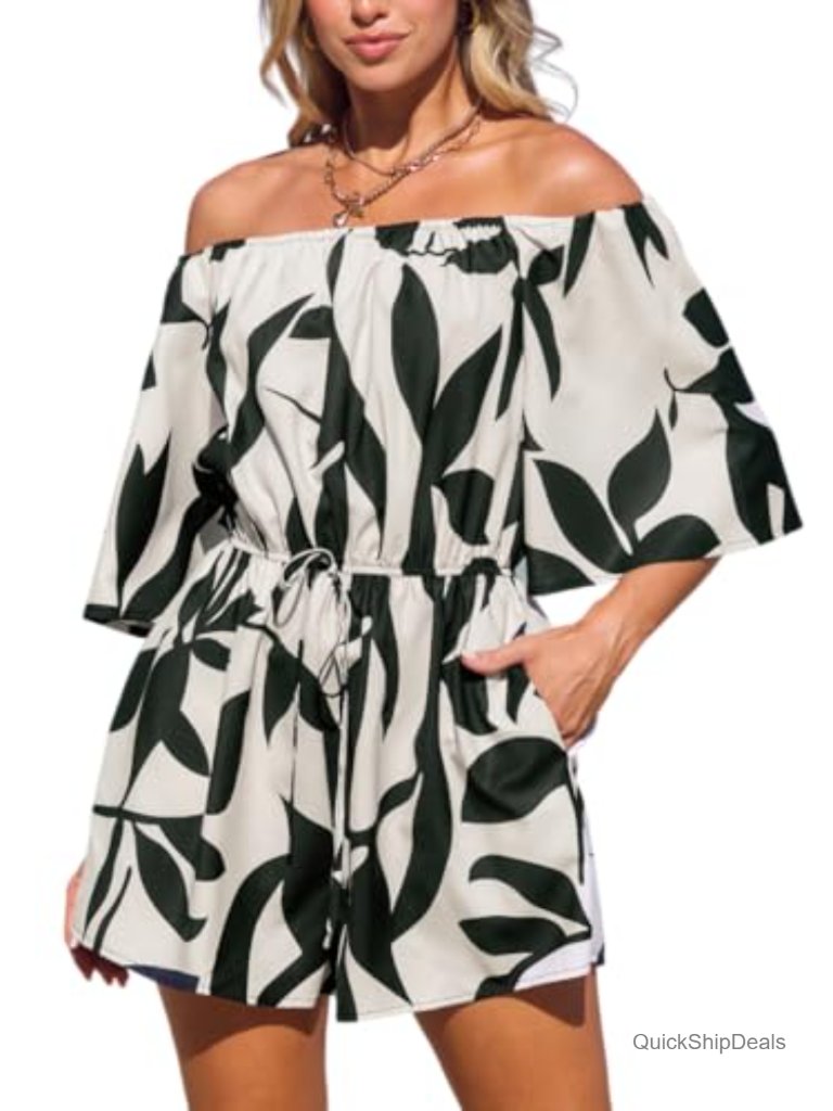 Off Shoulder Tropical Leaf Romper 3/4 Sleeve Wide Leg Shorts Side Pockets